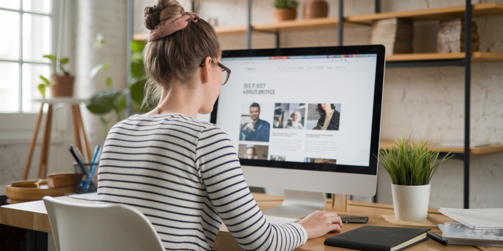 A person wearing glasses and a striped shirt sits at a desk, working on an iMac. The computer screen displays a website with images and text. The workspace includes a plant, notebook, and mug with a bright window in the background.