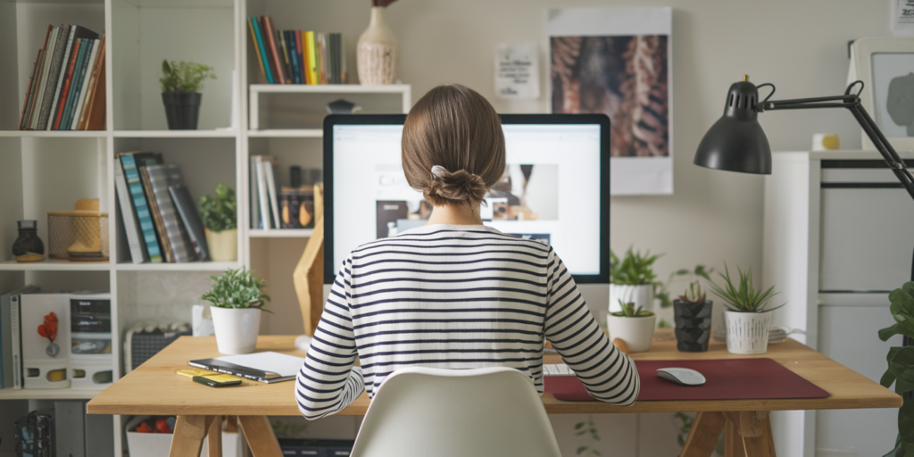 A person with short hair sits at a desk, facing a computer screen. The desk is organized with plants, books, and office supplies. Shelves filled with books and decorations are in the background, alongside a lamp and framed pictures.