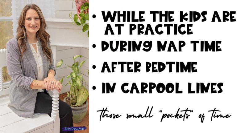 A smiling woman sits on a white chair indoors. Next to her, text reads: While the kids are at practice, during nap time, after bedtime, in carpool lines—those small pockets of time.