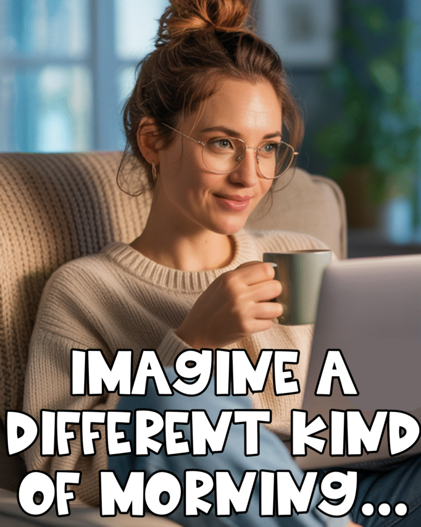 A woman with glasses sits on a cozy chair, smiling while holding a mug and looking at a laptop. Text on the image says, IMAGINE A DIFFERENT KIND OF MORNING...