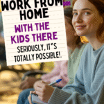 A smiling woman with red hair sits outdoors holding a notebook and pen. Overlaid text reads, How to master a work from home schedule with kids. Seriously, it’s totally possible! and scwbehindthescenes.com.