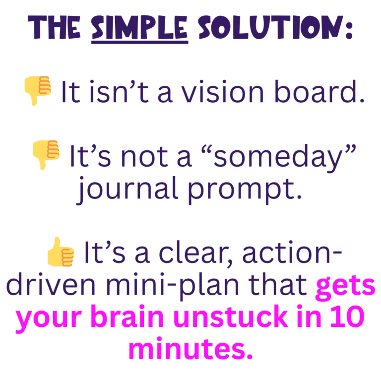 Text graphic with the heading THE SIMPLE SOLUTION: followed by three points. The first two, with thumbs-down emojis, say: It isn’t a vision board. and It’s not a someday journal prompt. The third, with a thumbs-up emoji, says: It’s a clear, action-driven mini-plan that gets your brain unstuck in 10 minutes. The last phrase is in bright pink.