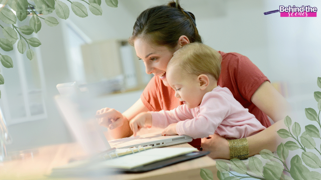 A woman sits at a desk with a baby on her lap, both looking at a laptop screen. The scene is framed with green leafy graphics, and the words Behind the scenes appear in the top right corner.