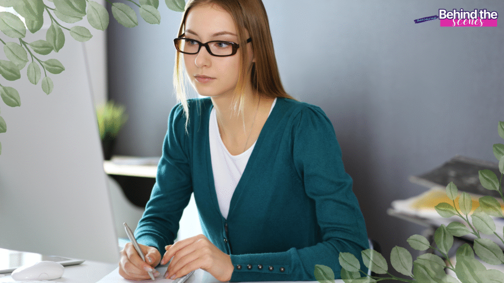 A woman wearing glasses and a teal cardigan sits at her desk, writing on paper while looking at a computer monitor. Green leaves frame the image, and "Behind the scenes" is written in the top right—perfect for flexible work from home jobs for moms.