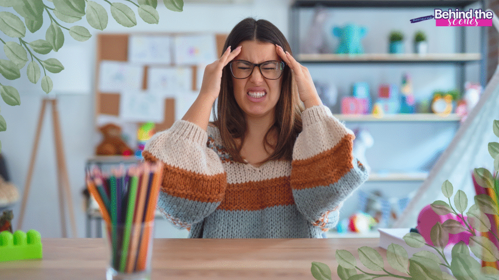 A woman in a colorful sweater sits at a desk holding her head in frustration, eyes closed. She is surrounded by art supplies and children’s drawings. The words “Behind the scenes” appear in the top right corner.