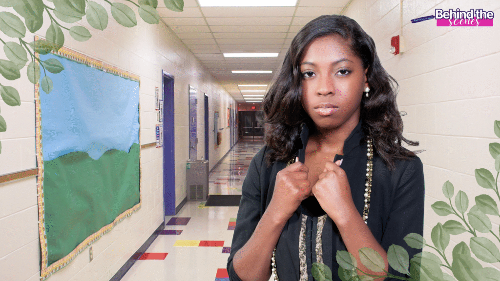 A young woman stands in a brightly lit school hallway, facing the camera with a serious expression. She holds her jacket collar with both hands. Decorative leaves frame the image, and a Behind the scenes label is in the top right corner.