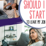 A woman sits on a couch working on a laptop as a child playfully places a crown on another woman’s head. Text reads: What business should I start to transition from full time job to entrepreneur. scwbehindthescenes.com.