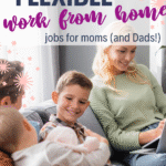 A smiling woman sits on a couch with a laptop, surrounded by three happy children. The text reads: The Top Options: Discover flexible work from home jobs for moms (and Dads!). Website: scwbehindthescenes.com.