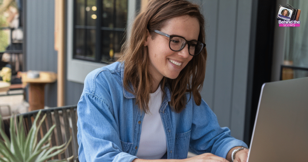 A woman with brown hair and glasses, wearing a denim shirt over a white top, smiles while working on a laptop outdoors—embracing flexible work from home jobs for moms. A small Behind the Scenes logo appears in the top right corner.