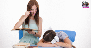 A female teacher holding a book looks surprised over her glasses at a young girl with bows in her hair, who has her head down on a desk next to books—perhaps daydreaming of jobs for teachers leaving education.
