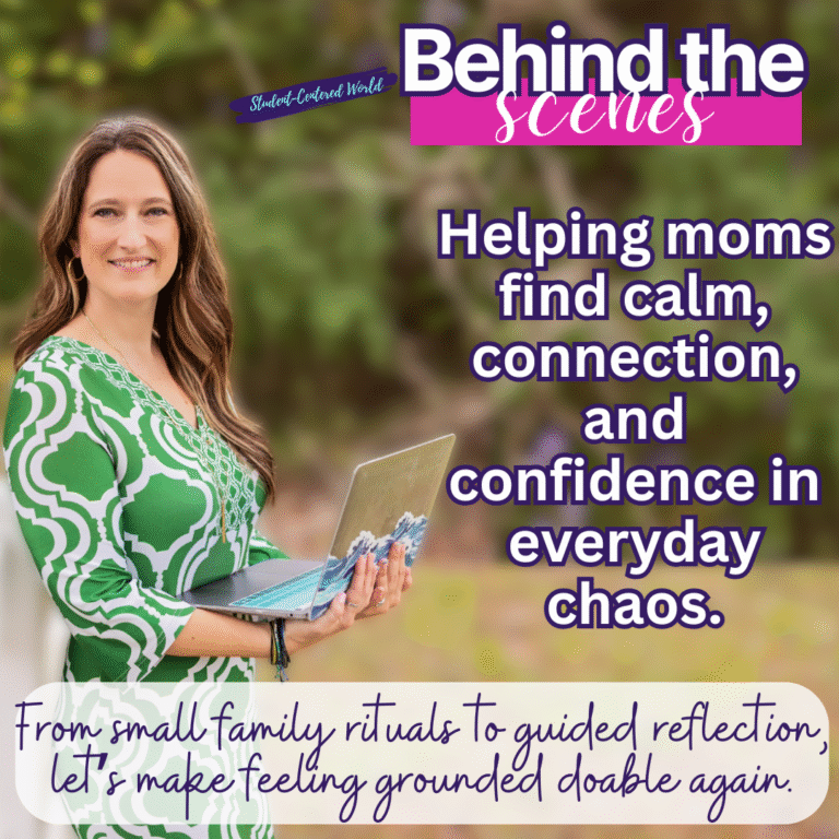 A smiling woman in a green patterned dress holds a laptop outdoors. Text reads: Helping moms find calm, connection, and confidence in everyday chaos. From small family rituals to guided reflection, let’s make feeling grounded doable again.