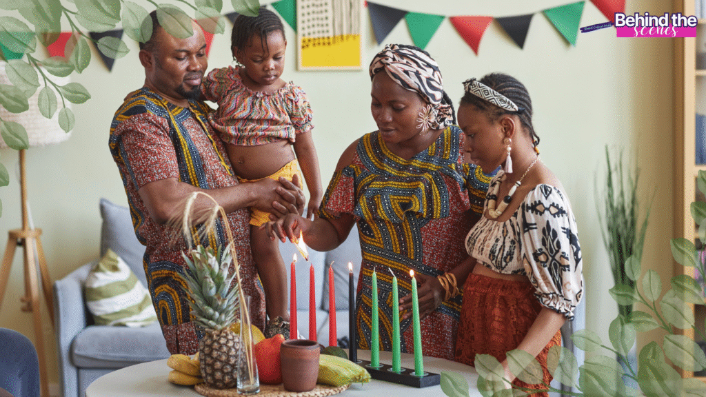 A family in colorful African attire lights candles on a kinara for Kwanzaa. They stand around a table with fruit and decorations. The room has festive bunting, and a Behind the Scenes label appears in the upper corner.