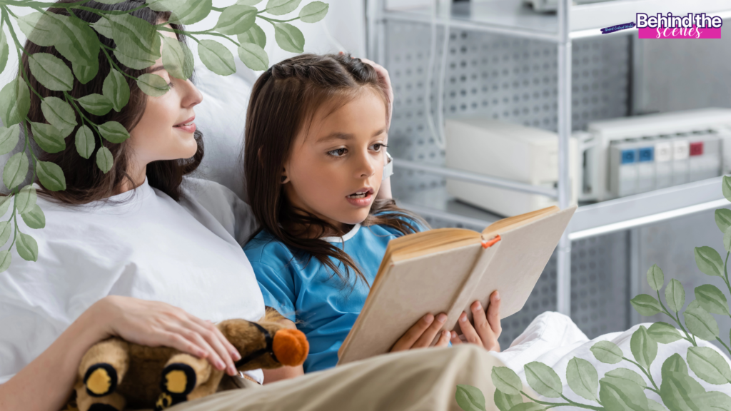 A woman and a young girl sit together on a bed, reading a book. The woman smiles while the girl reads aloud. Green leaves border the image, and a Behind the scenes label appears in the top right corner.
