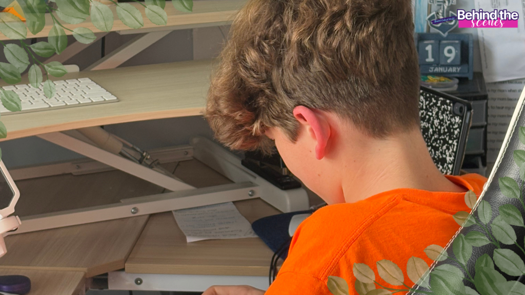A young person with light brown hair wearing an orange shirt sits at a desk with a keyboard, calendar, and notepad. Green leafy designs frame the image, and Behind the scenes appears in the top right corner. Rights and responsibilities for kids