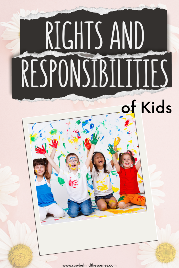Four smiling children with painted hands sit on the floor in front of a colorful paint-splattered wall. Text above reads, Rights and Responsibilities of Kids. The background has daisies and a pink hue.